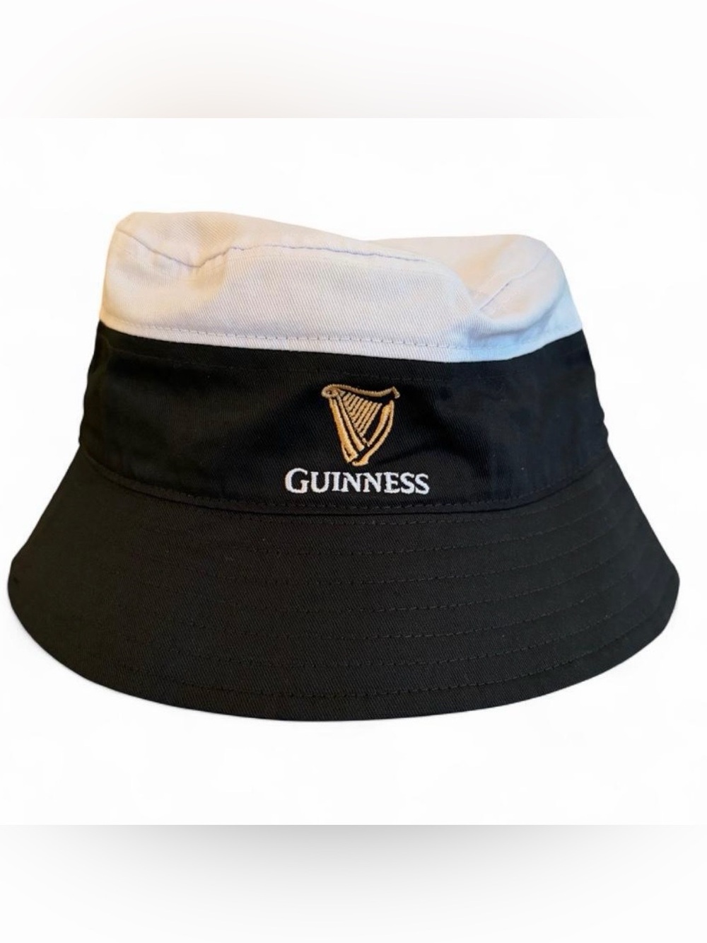 Guinness Black and White Bucket Hat with Gold Harp Logo